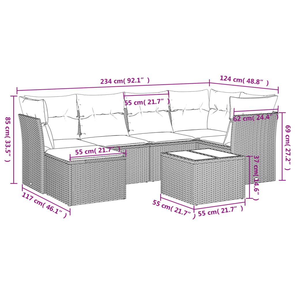 7 pcs conjunto de sofás jardim c/ almofadões vime PE castanho