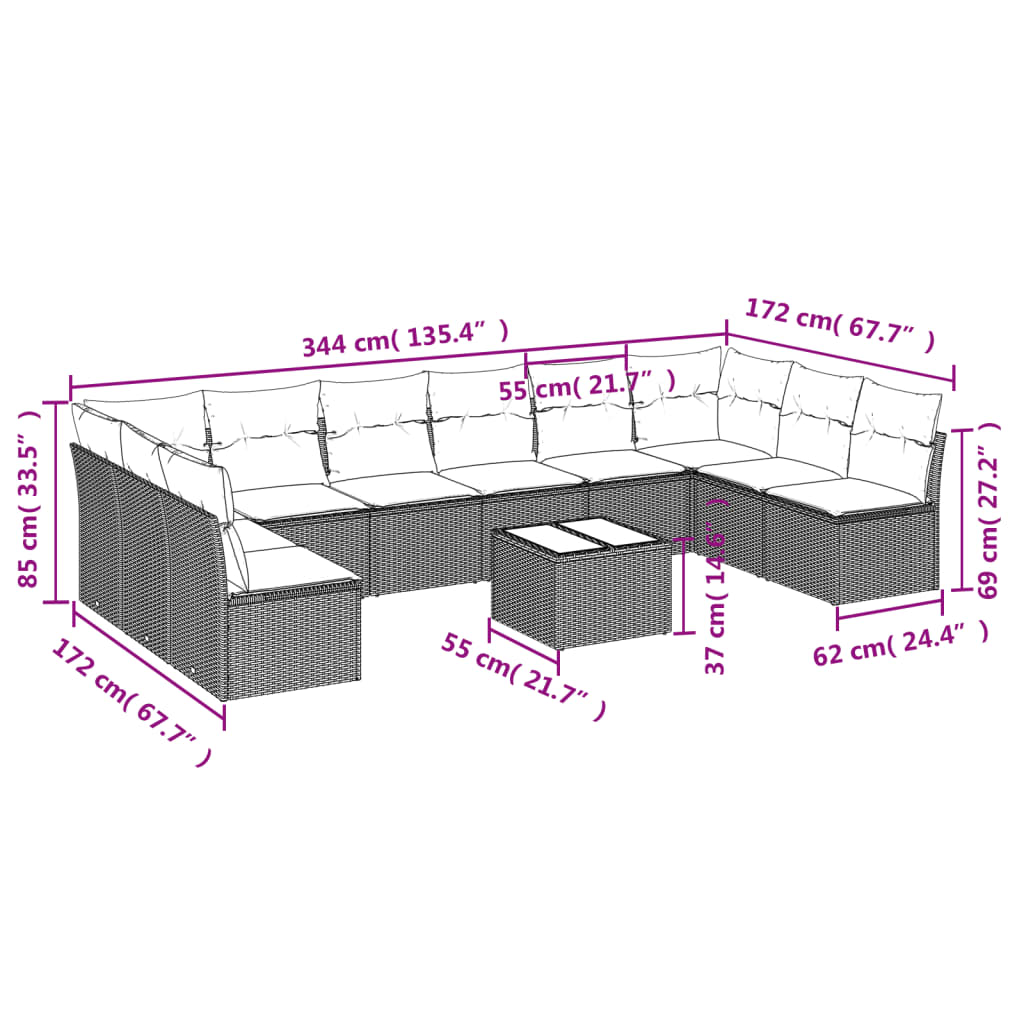 11 pcs conjunto sofás de jardim c/ almofadões vime PE bege