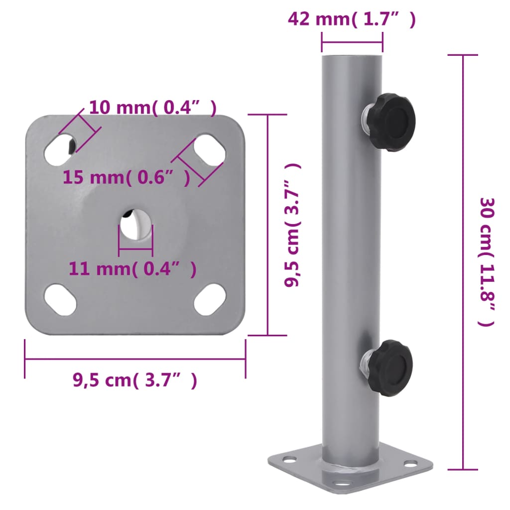 Base de guarda-sol para poste de Ø32/34/38 mm aço prateado