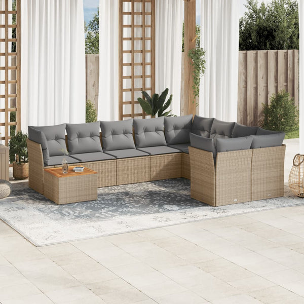 10 pcs conj. sofás jardim c/ almofadões vime PE bege misturado