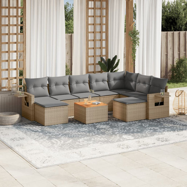 10 pcs conj. sofás jardim c/ almofadões vime PE bege misturado