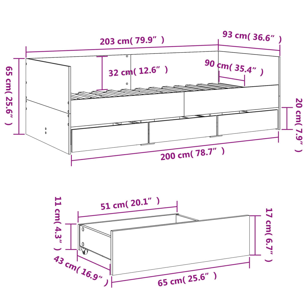 Sofá-cama com gavetas sem colchão 90x200 cm carvalho sonoma