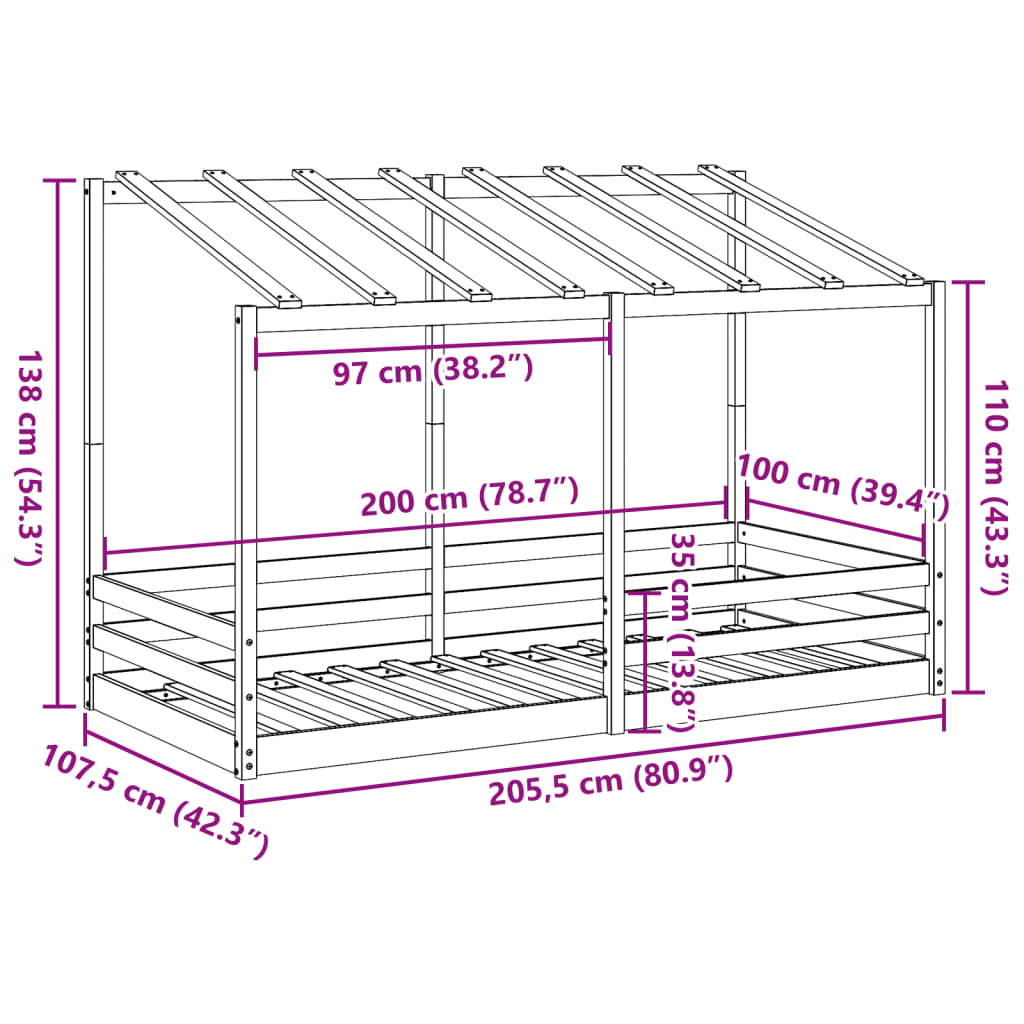Cama infantil com telhado 100x200 cm pinho maciço branco