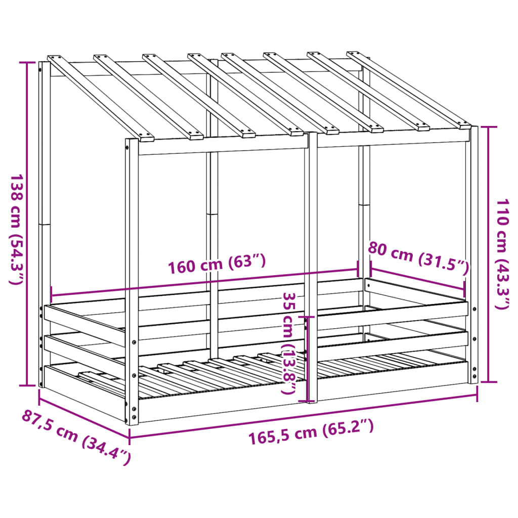 Cama infantil com telhado 80x160 cm pinho maciço branco