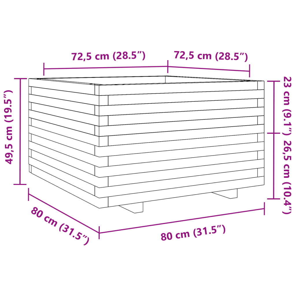 Vaso/floreira de jardim 80x80x49,5 cm madeira pinho impregnada