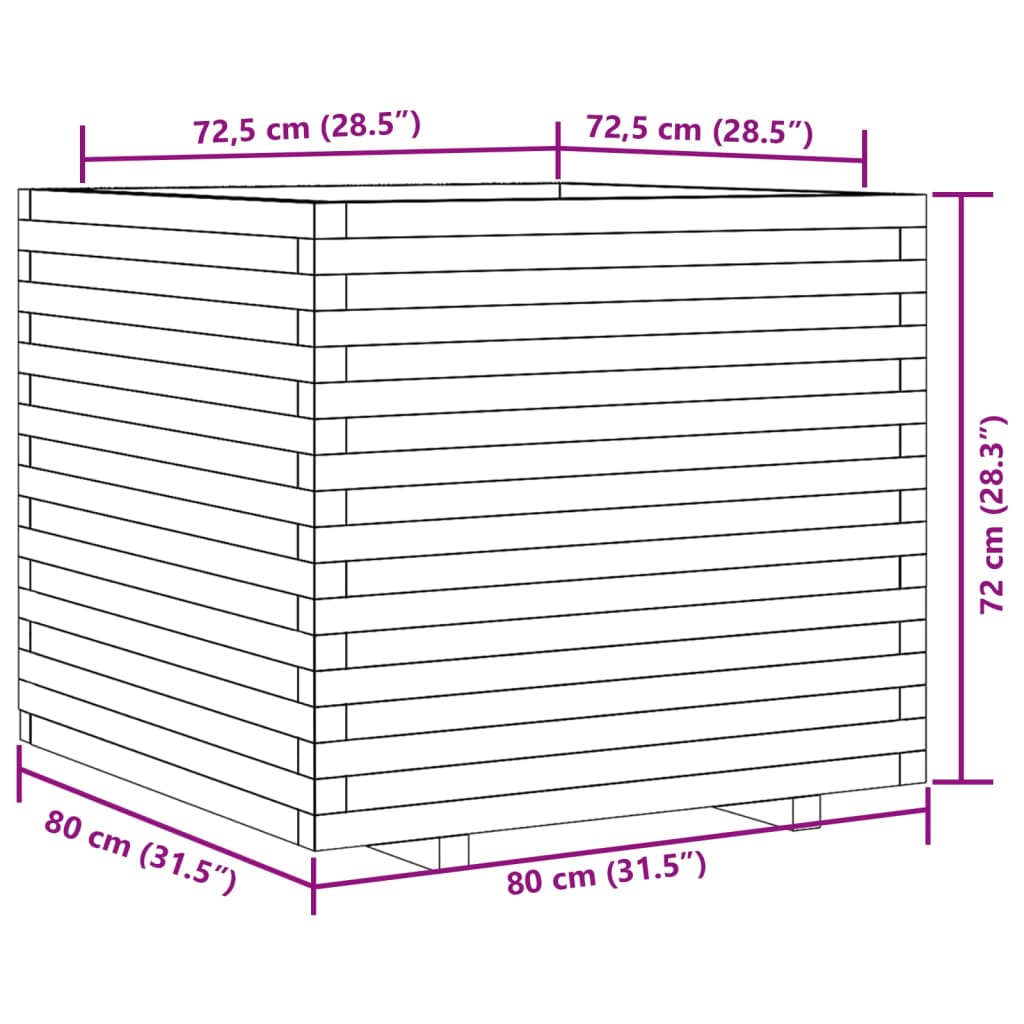 Vaso/floreira de jardim 80x80x72 cm madeira de pinho maciça