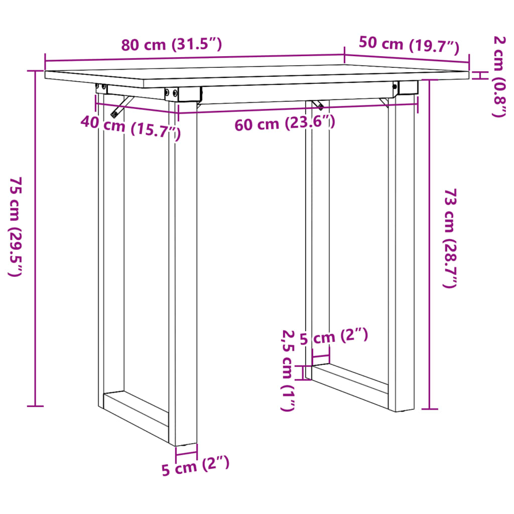 Mesa de jantar estrutura em O 80x50x75 cm pinho e aço