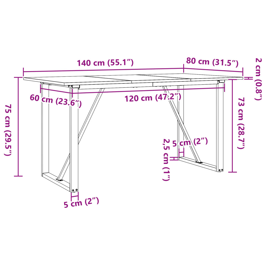 Mesa de jantar estrutura em O 140x80x75cm pinho e aço
