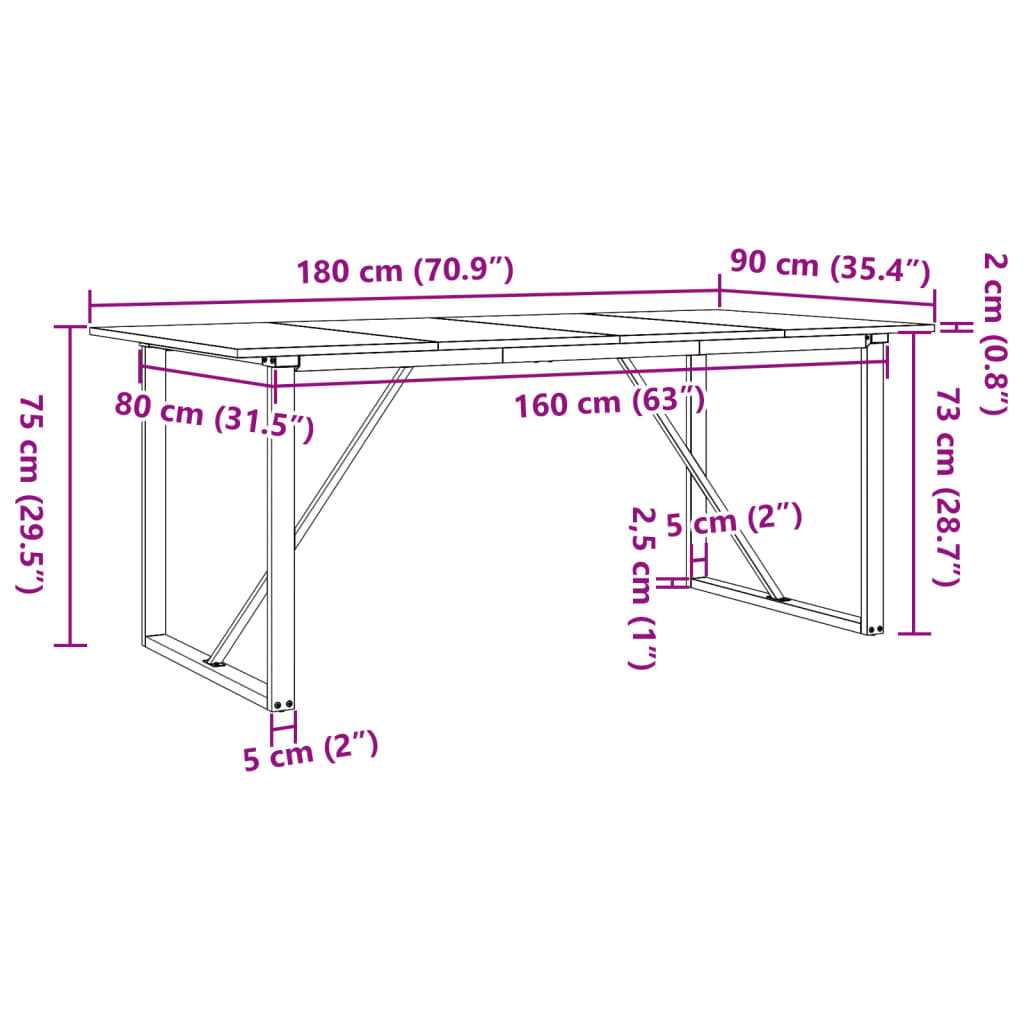 Mesa de jantar estrutura em O 180x90x75cm pinho e aço