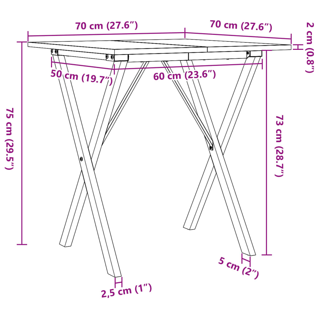 Mesa de jantar estrutura em X 70x70x75 cm pinho e aço