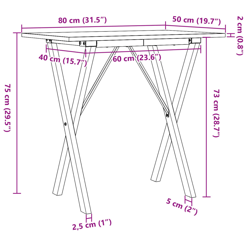 Mesa de jantar estrutura em X 80x50x75 cm pinho e aço