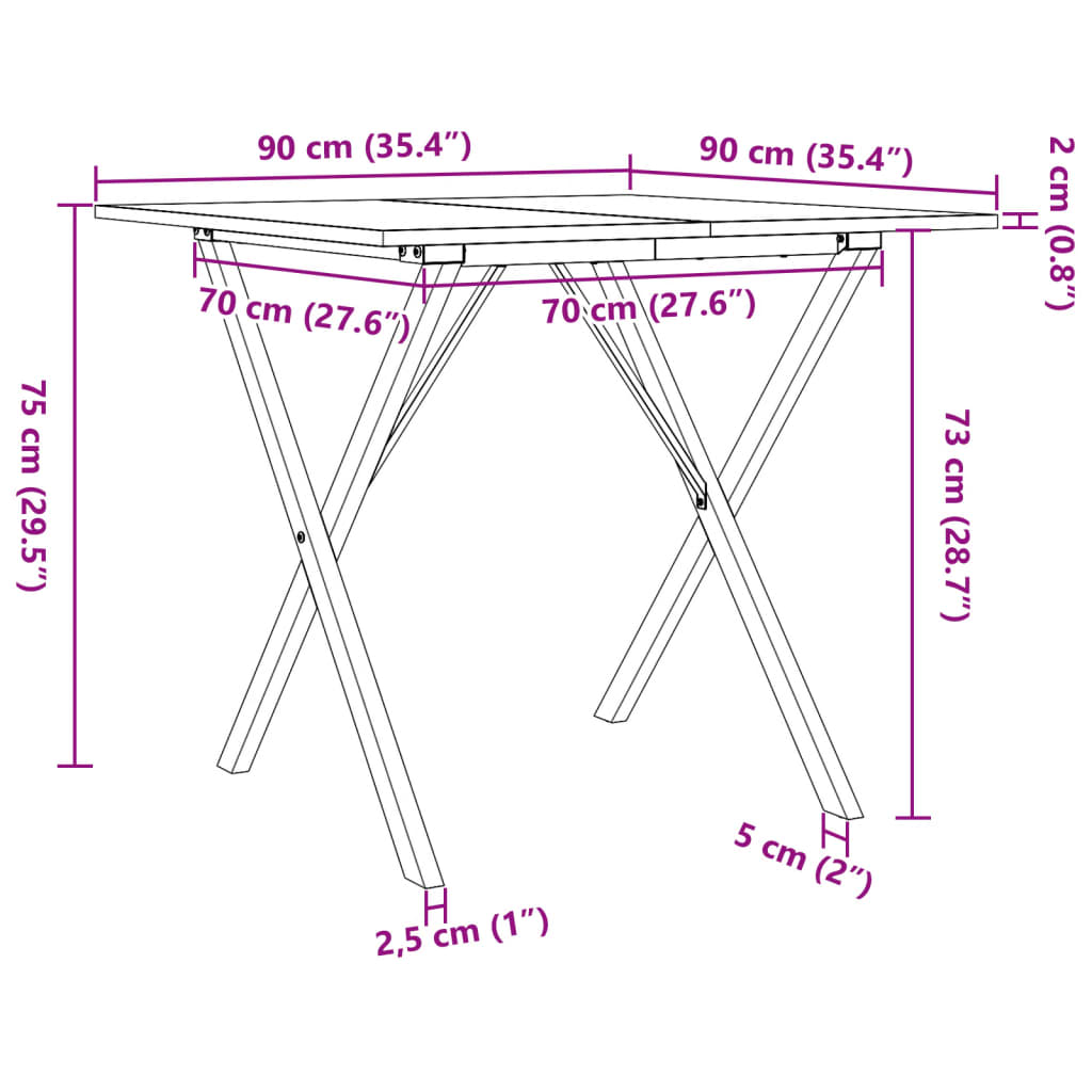 Mesa de jantar estrutura em X 90x90x75 cm pinho e aço