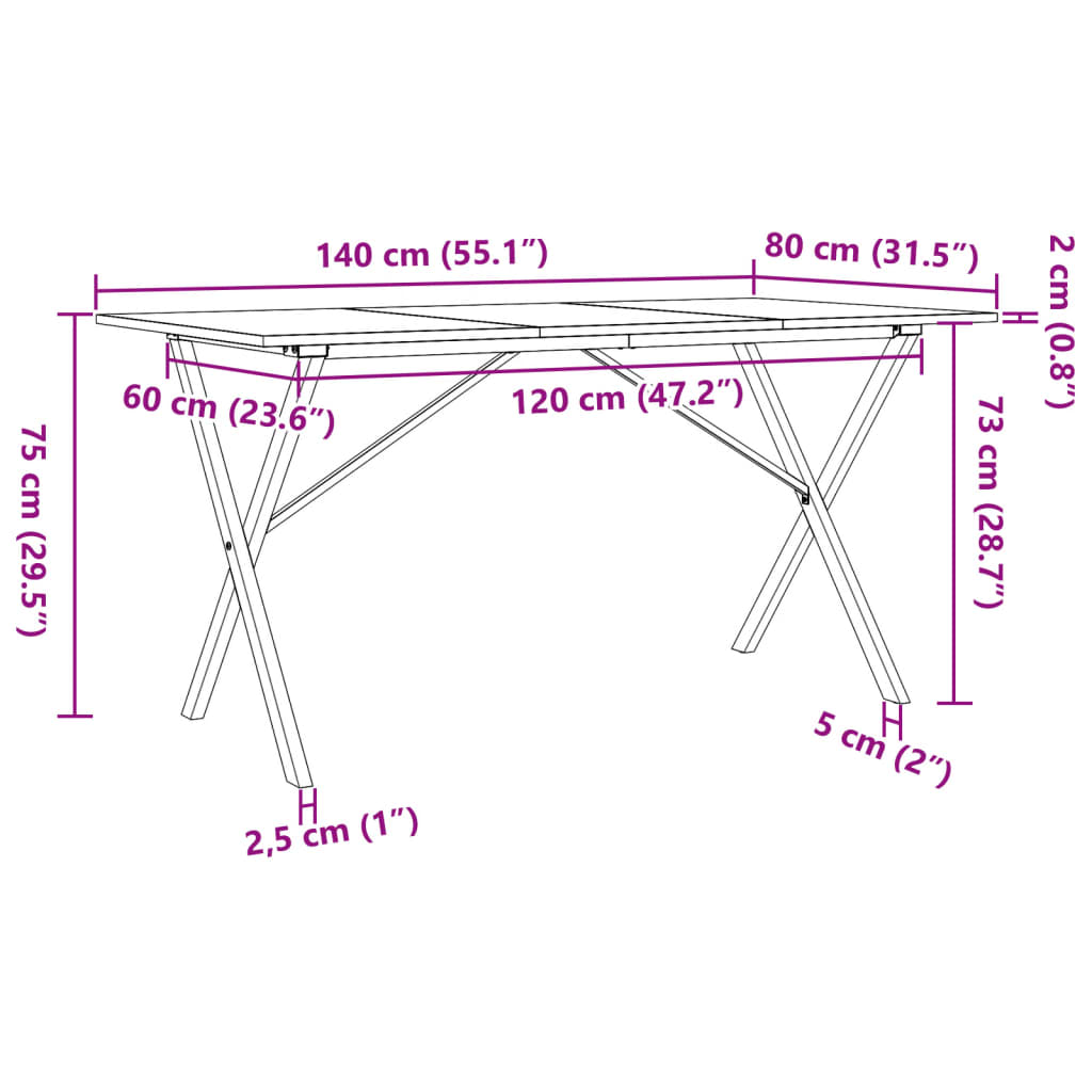 Mesa de jantar estrutura em X 140x80x75cm pinho e aço