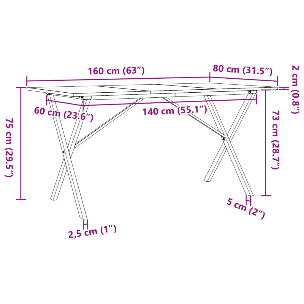 Mesa de jantar estrutura em X 160x80x75cm pinho e aço