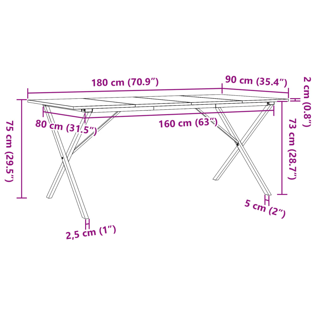 Mesa de jantar estrutura em X 180x90x75cm pinho e aço