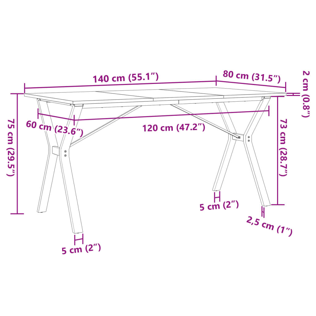 Mesa de jantar estrutura em Y 140x80x75cm pinho e aço