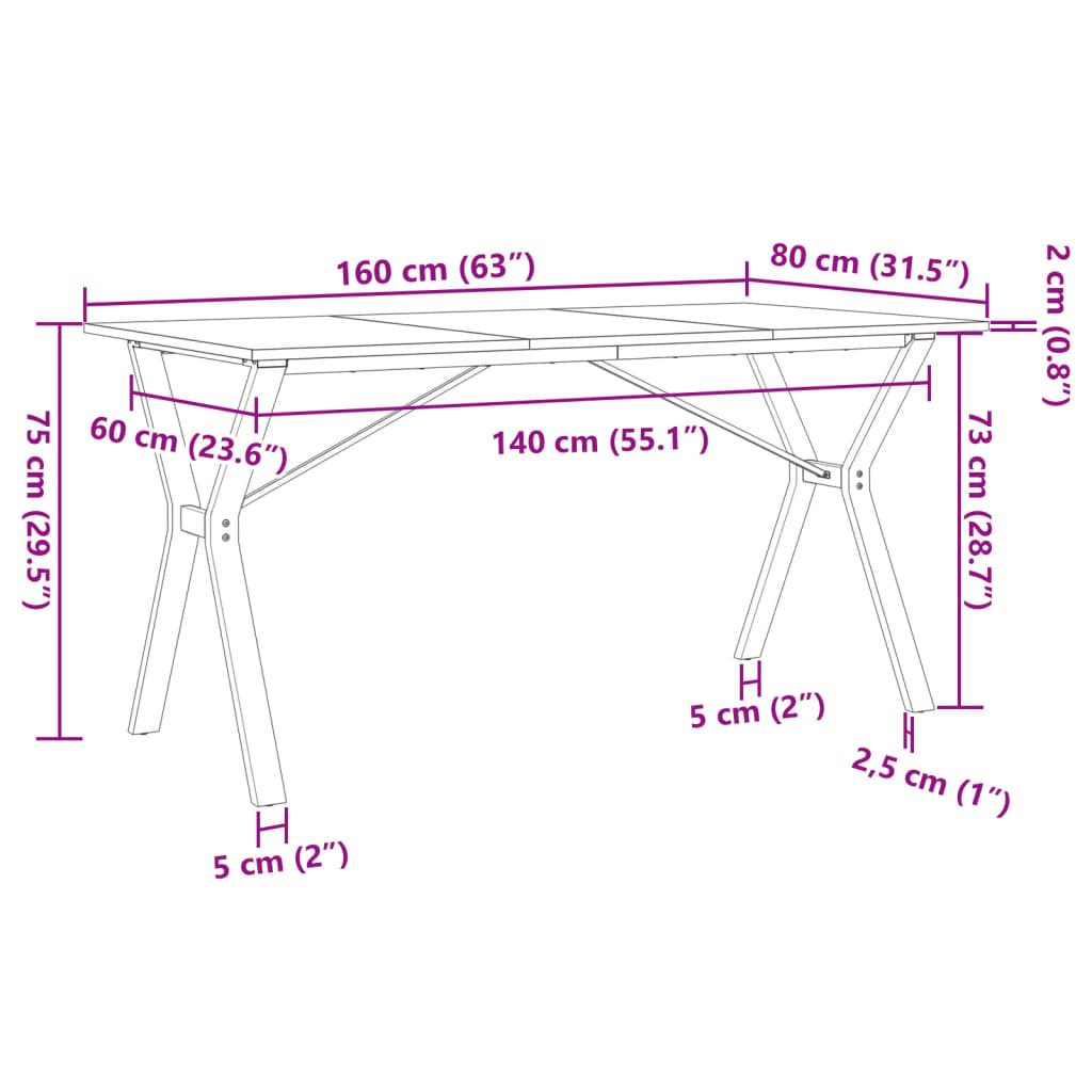 Mesa de jantar estrutura em Y 160x80x75cm pinho e aço