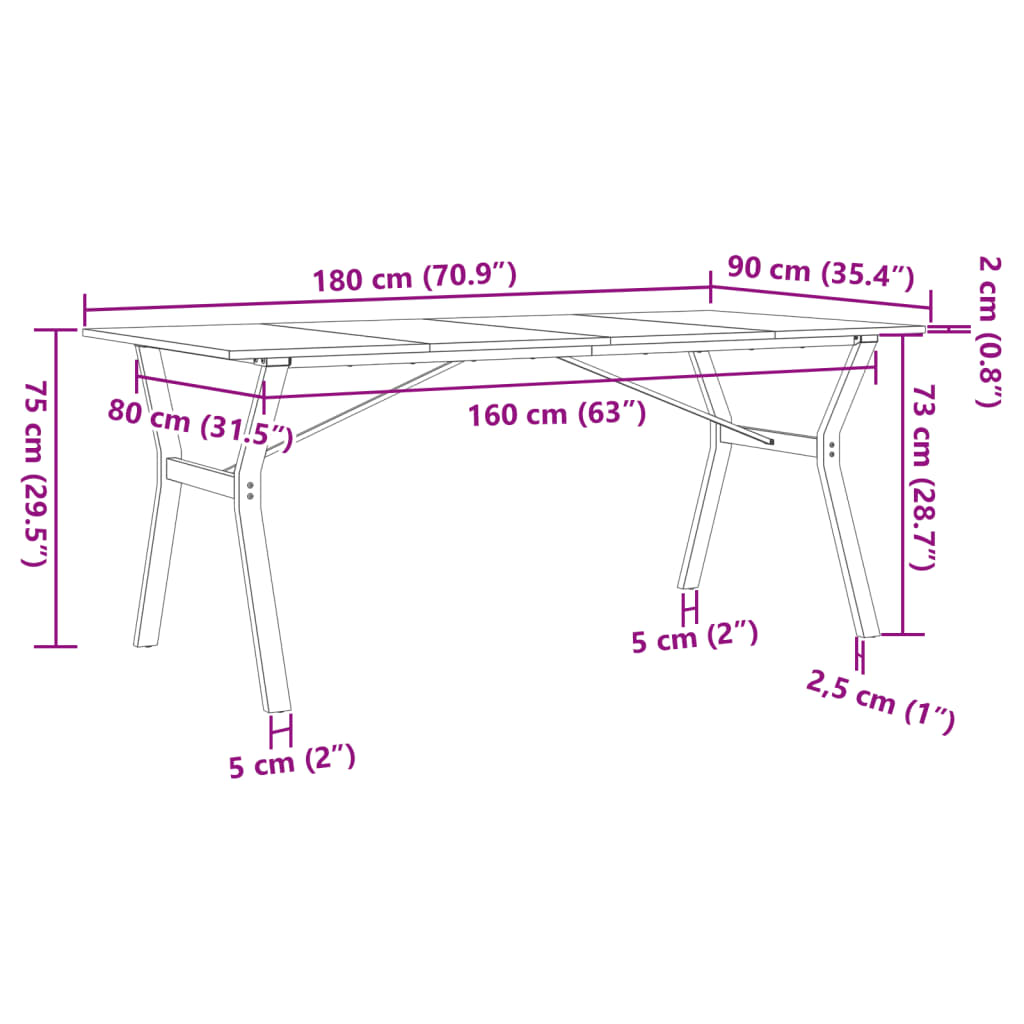 Mesa de jantar estrutura em Y 180x90x75cm pinho e aço