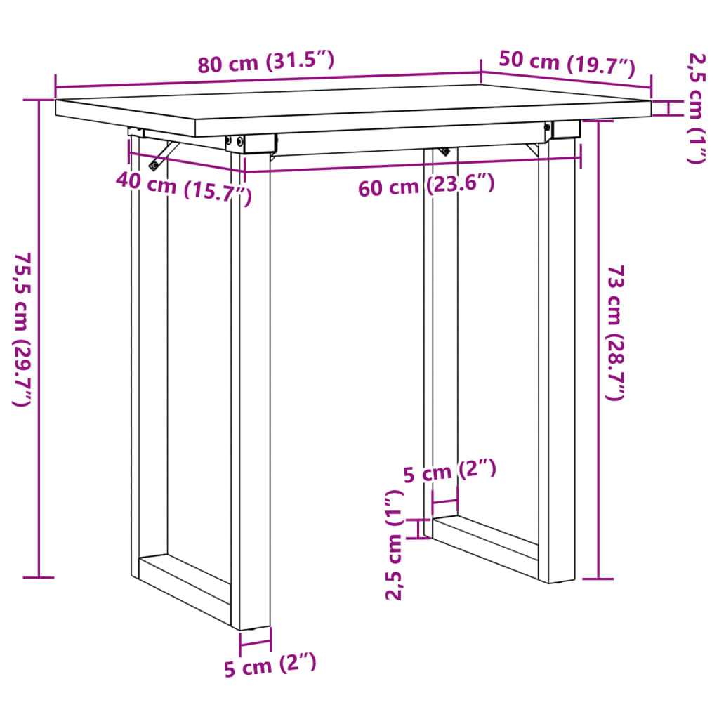 Mesa de jantar estrutura em O 80x50x75,5 cm pinho/aço