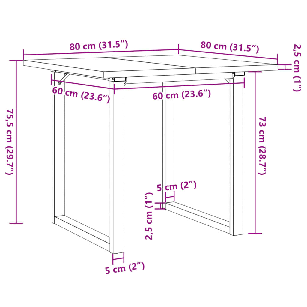 Mesa de jantar estrutura em O 80x80x75,5 cm pinho/aço