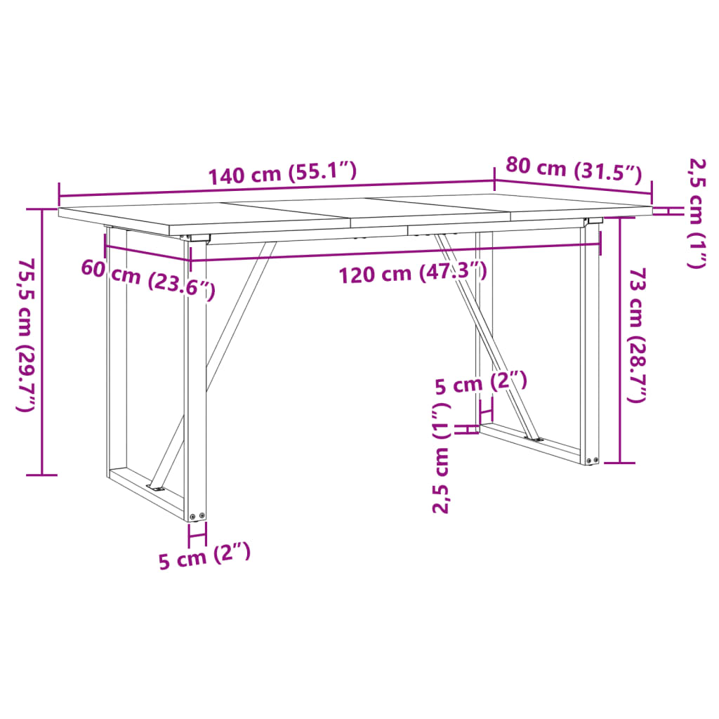Mesa de jantar estrutura em O 140x80x75,5cm pinho/aço
