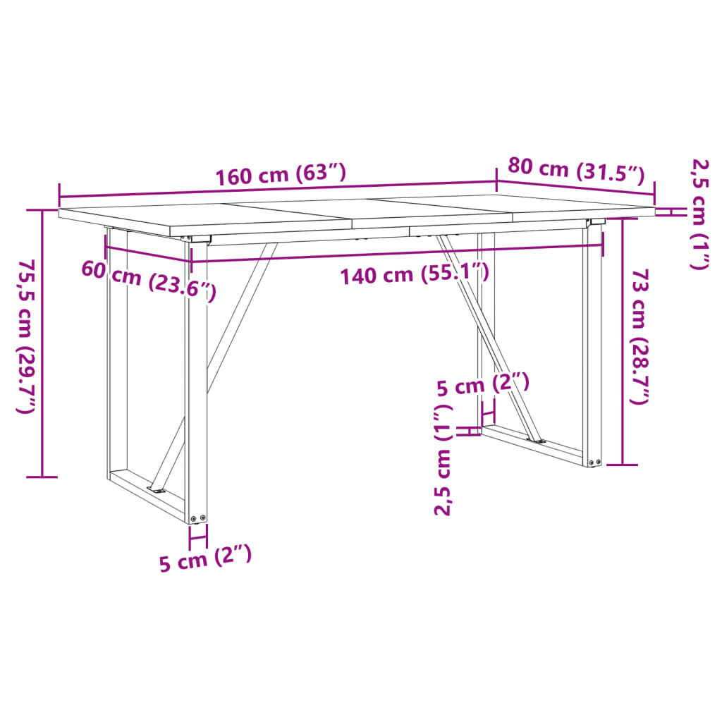Mesa de jantar estrutura em O 160x80x75,5cm pinho/aço