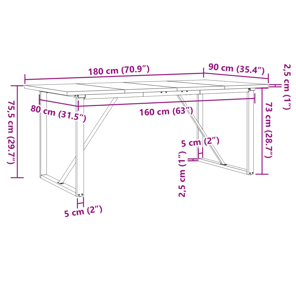 Mesa de jantar estrutura em O 180x90x75,5cm pinho/aço