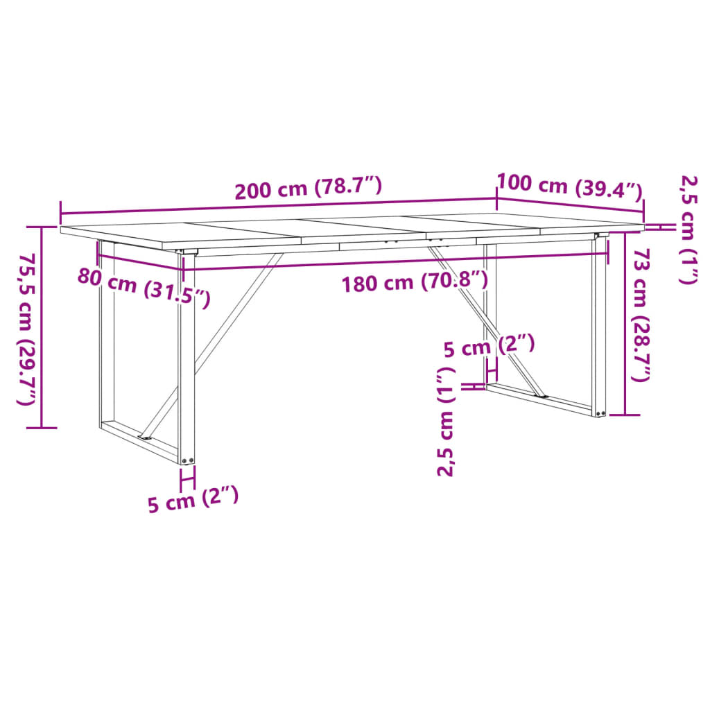 Mesa de jantar estrutura O 200x100x75,5 cm pinho/aço