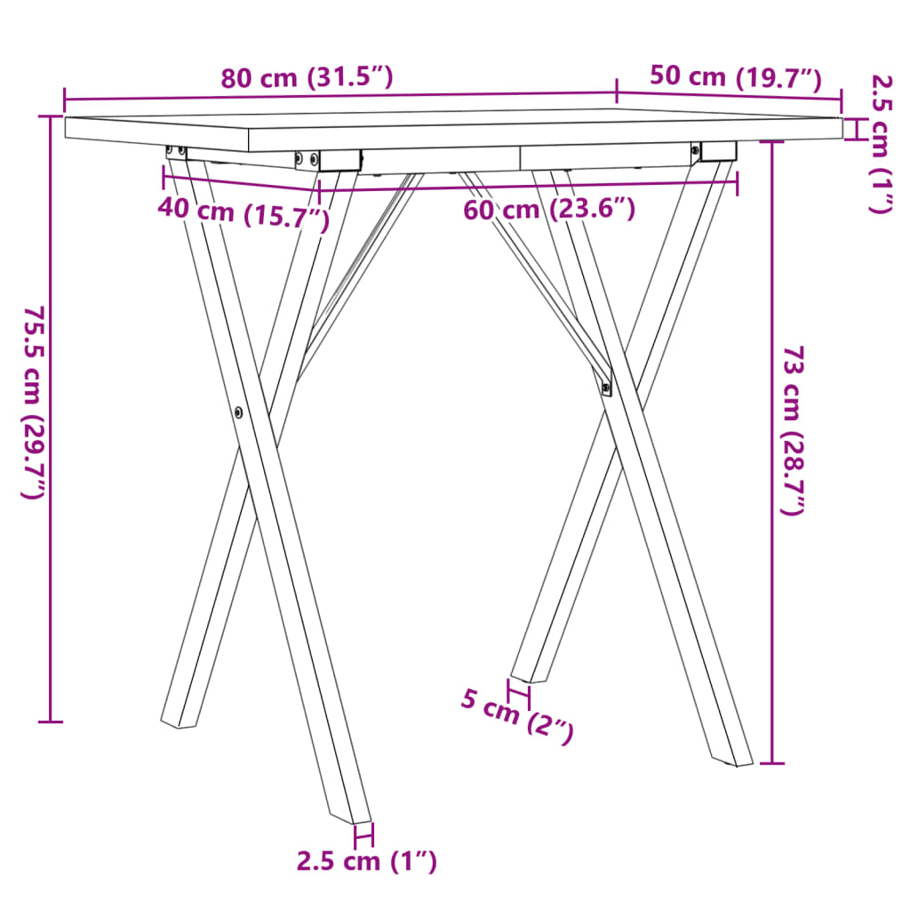 Mesa de jantar estrutura em X 80x50x75,5 cm pinho/aço