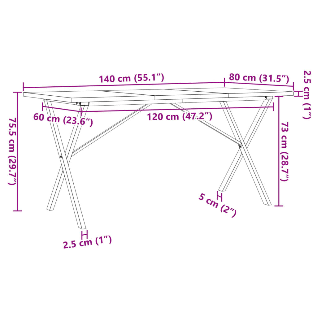 Mesa de jantar estrutura em X 140x80x75,5cm pinho/aço