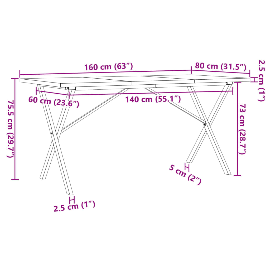 Mesa de jantar estrutura em X 160x80x75,5cm pinho/aço