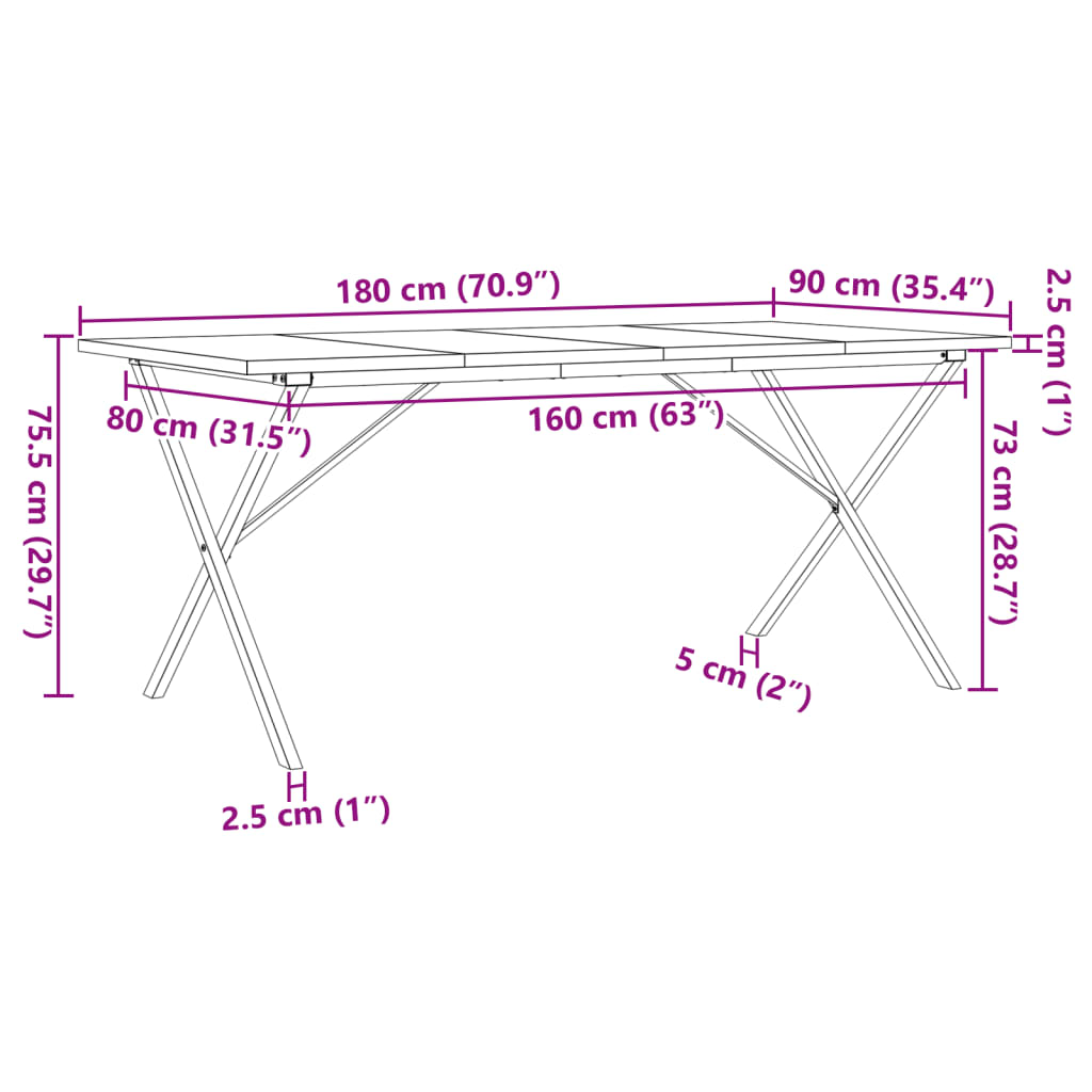 Mesa de jantar estrutura em X 180x90x75,5cm pinho/aço