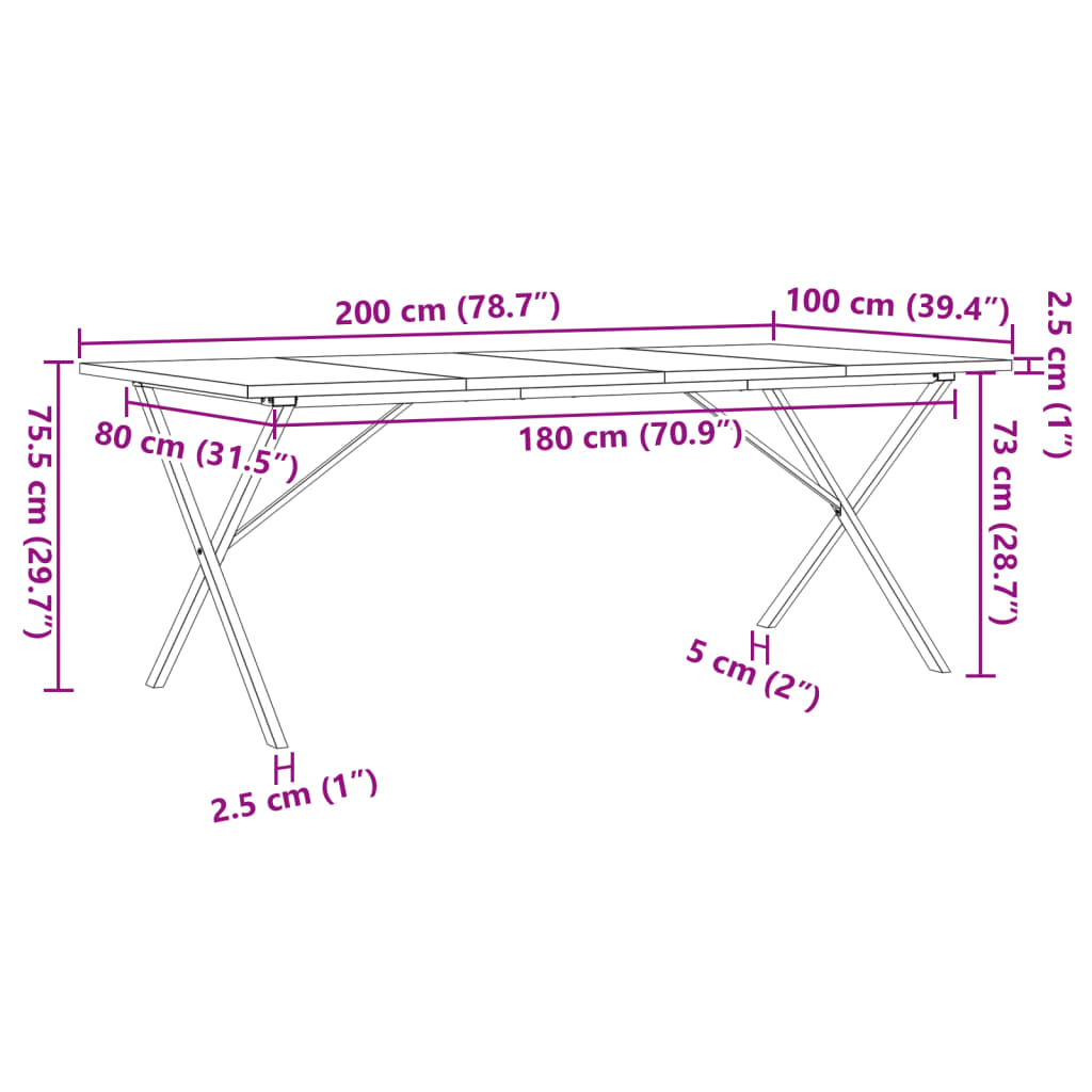 Mesa de jantar estrutura X 200x100x75,5 cm pinho/aço