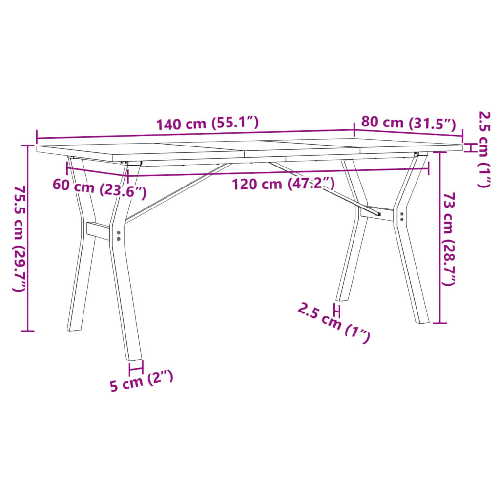 Mesa de jantar estrutura em Y 140x80x75,5cm pinho/aço