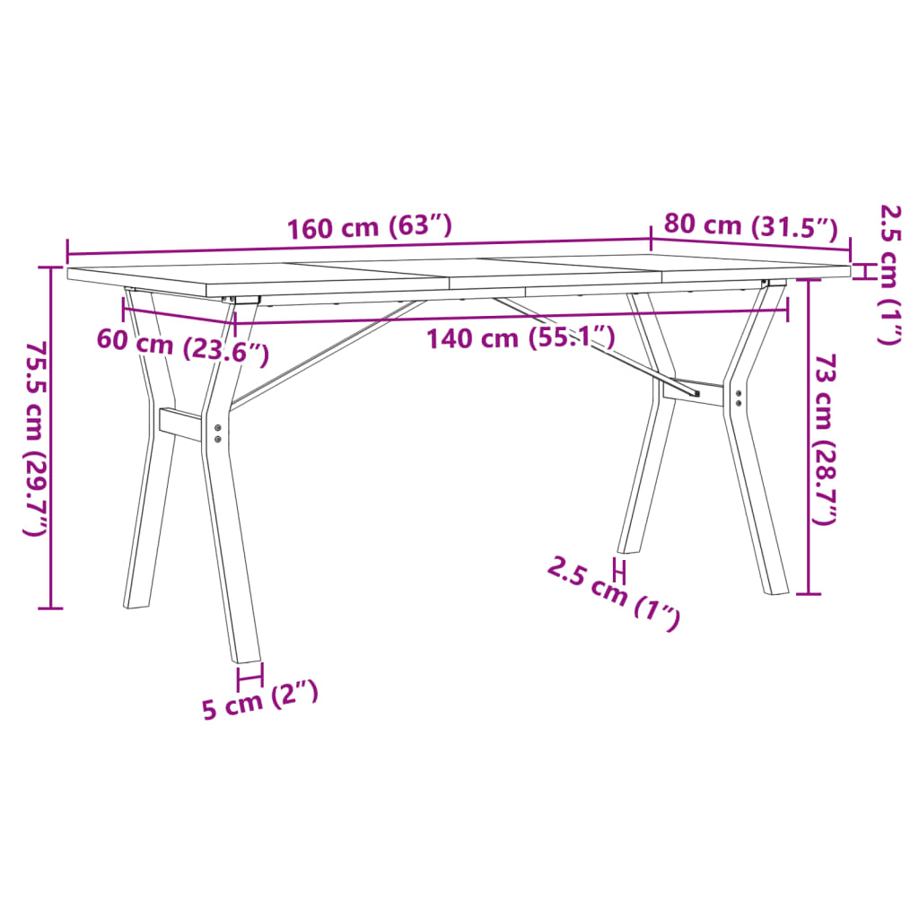 Mesa de jantar estrutura em Y 160x80x75,5cm pinho/aço