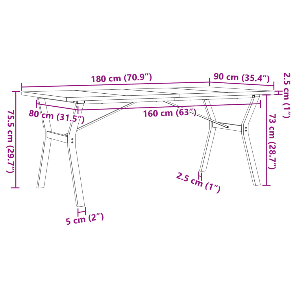 Mesa de jantar estrutura em Y 180x90x75,5cm pinho/aço