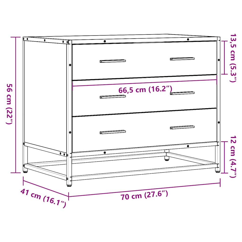 Cómoda com 3 Gavetas - 70x41x56 cm - deriv. madeira - cinzento sonoma