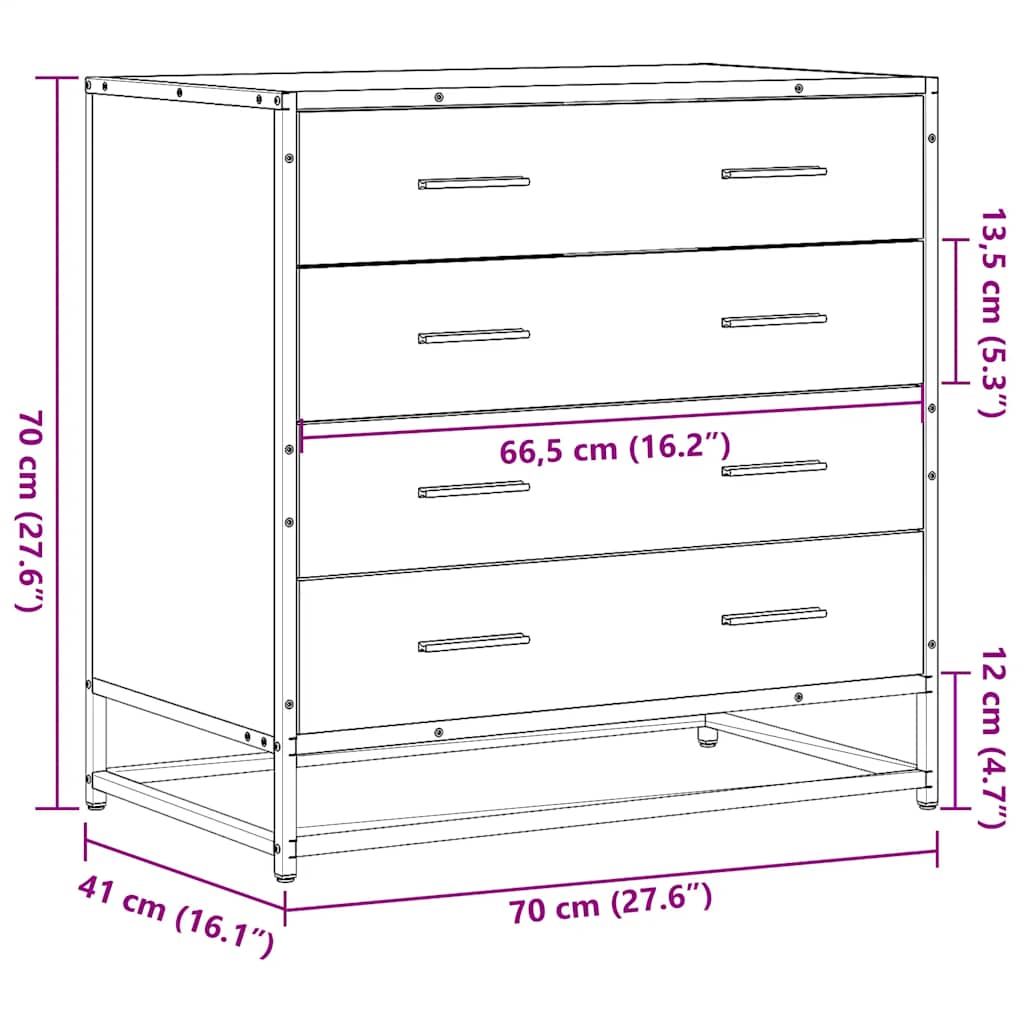 Cómoda com 4 Gavetas - 70x41x70 cm deriv. madeira - cinzento sonoma