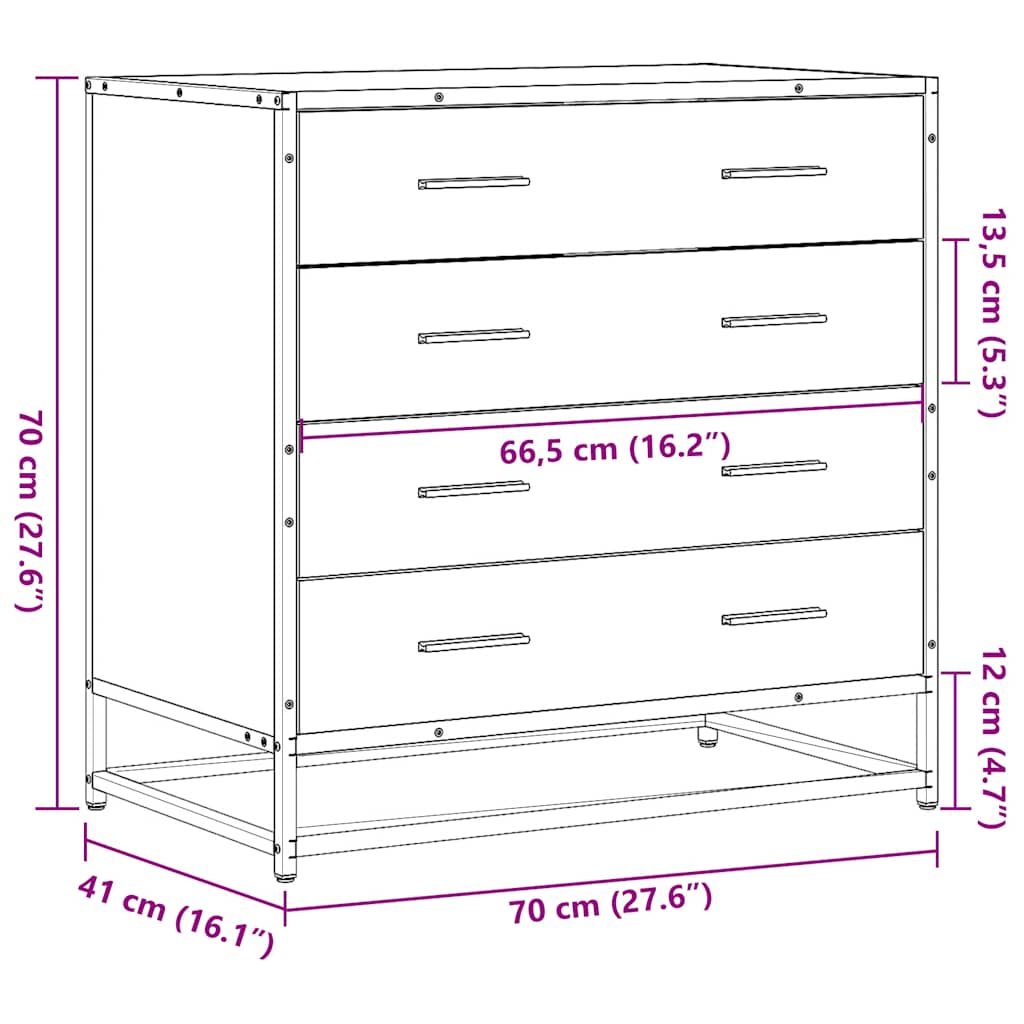 Cómoda com 4 Gavetas - 70x41x70 - cm - Derivados Madeira Carvalho Castanho