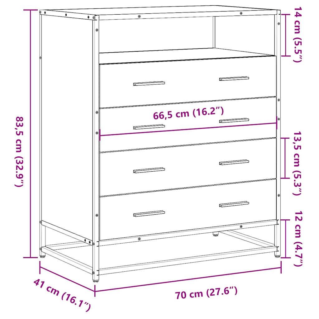 Cómoda com 4 Gavetas 70x41x83,5 cm deriv. madeira preto