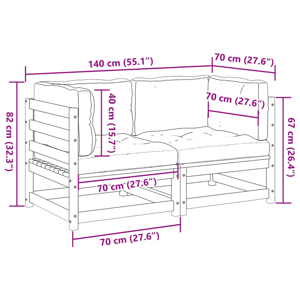 2 pcs conj. sofás jardim + almofadões pinho maciço castanho-mel