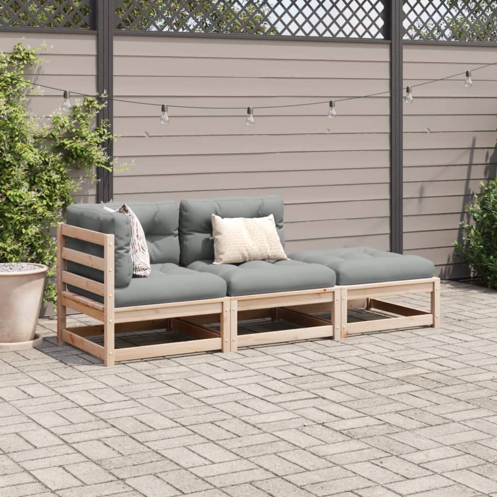 3 pcs conjunto sofás de jardim c/ almofadões pinho maciço