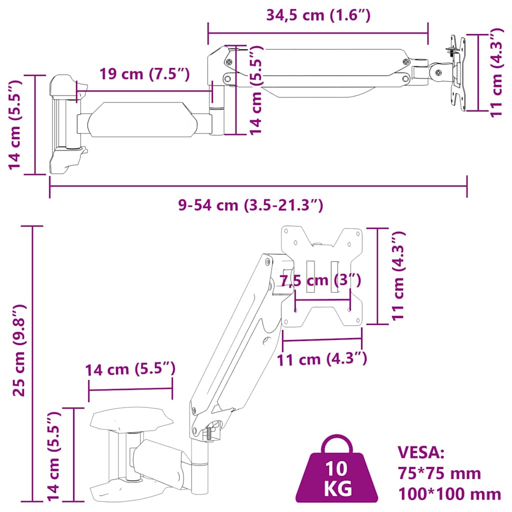 Suporte parede p/ monitor ecrã de 27" máx. mola a gás 10 kg