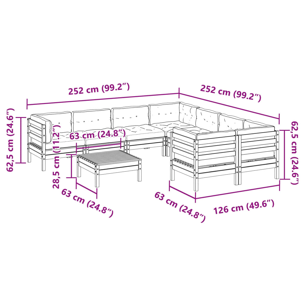 9pcs conj. sofás jardim c/ almofadões pinho maciço castanho mel