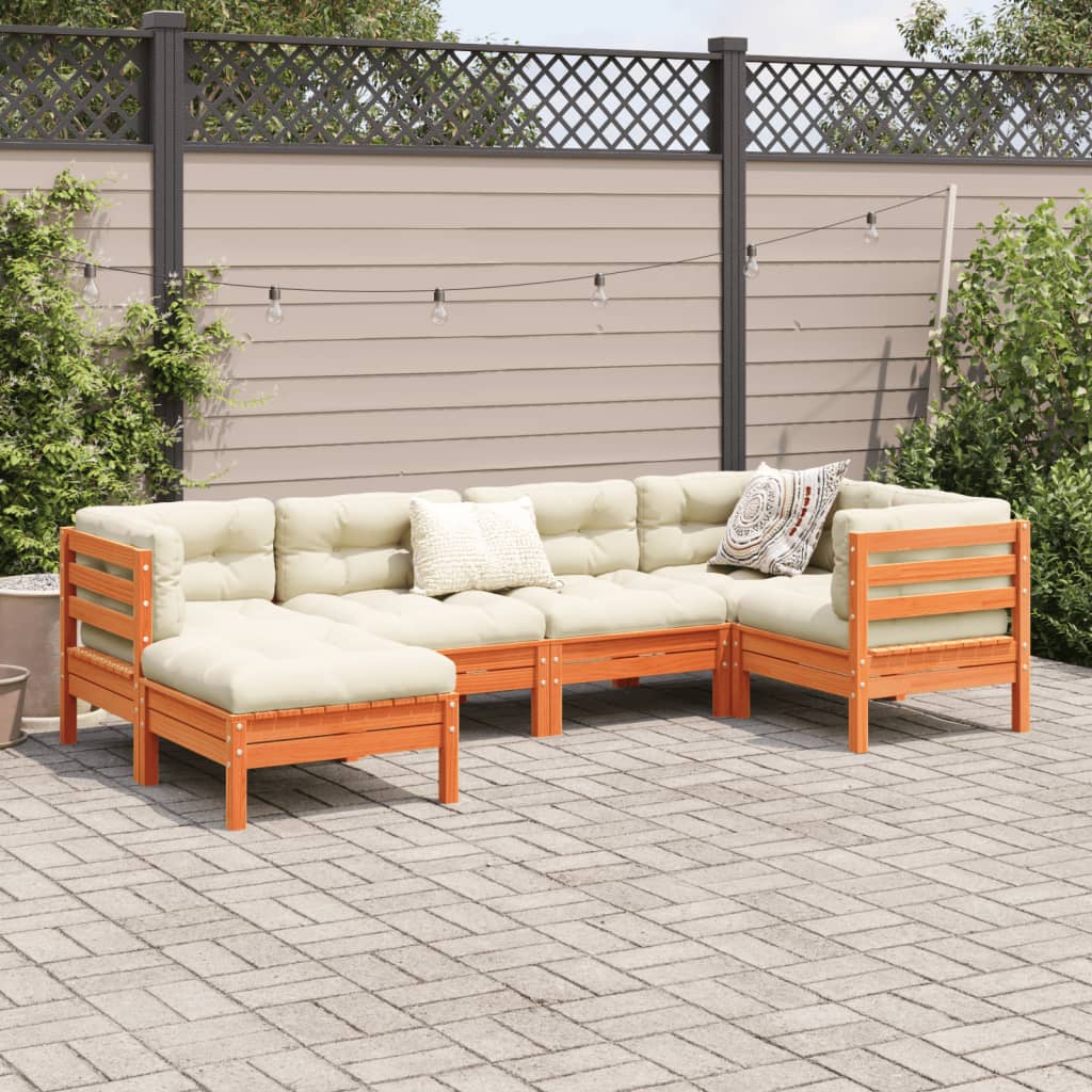6 pcs conj. sofás jardim almofadões pinho maciço castanho cera