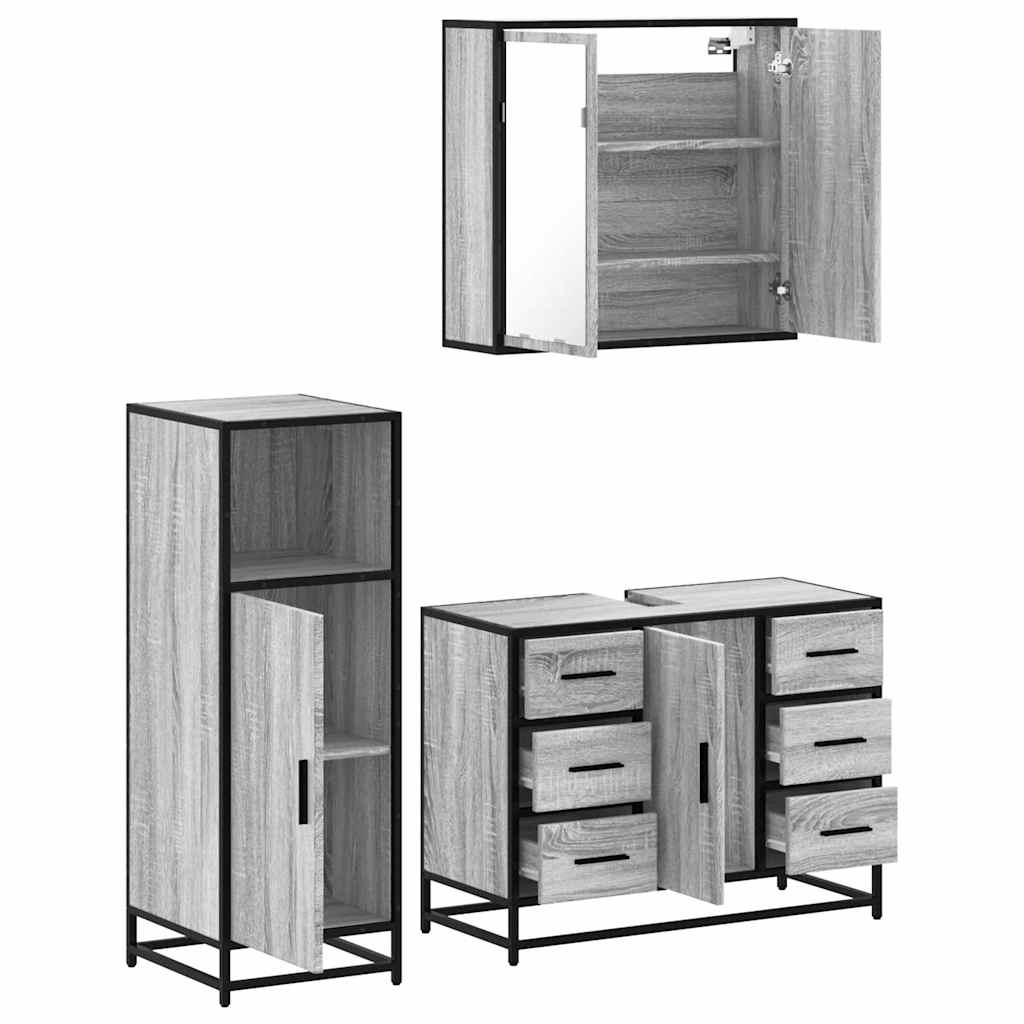 3 pcs Conjunto móveis casa de banho madeira proc. cinza sonoma
