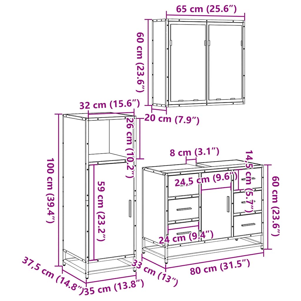 3 pcs Conjunto móveis casa de banho madeira proc. cinza sonoma
