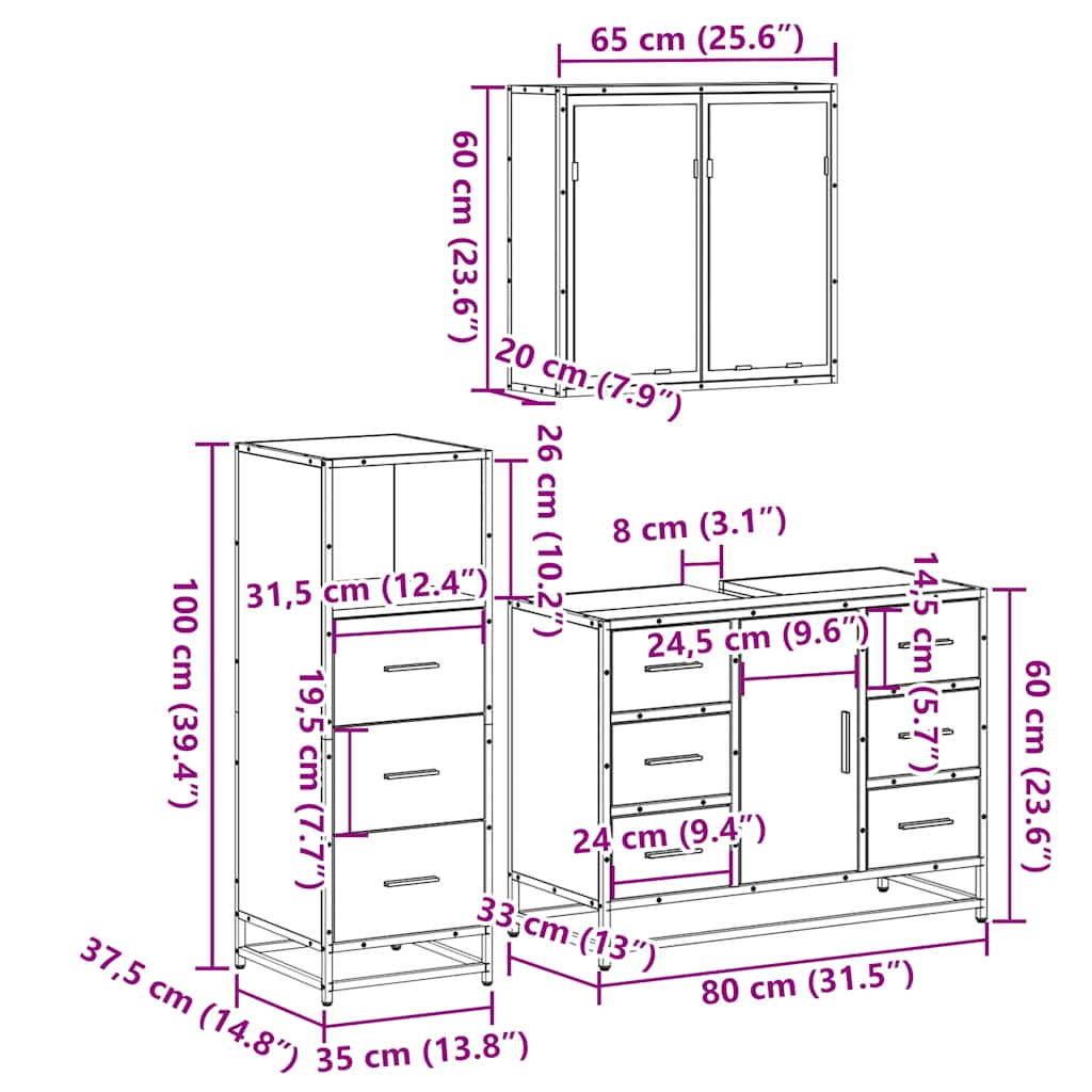 3 pcs Conjunto móveis casa de banho madeira proc. cinza sonoma