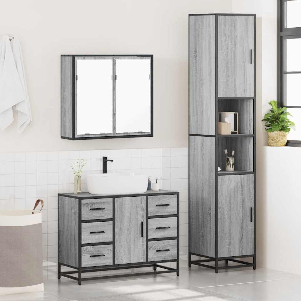 3 pcs Conjunto móveis casa de banho madeira proc. cinza sonoma