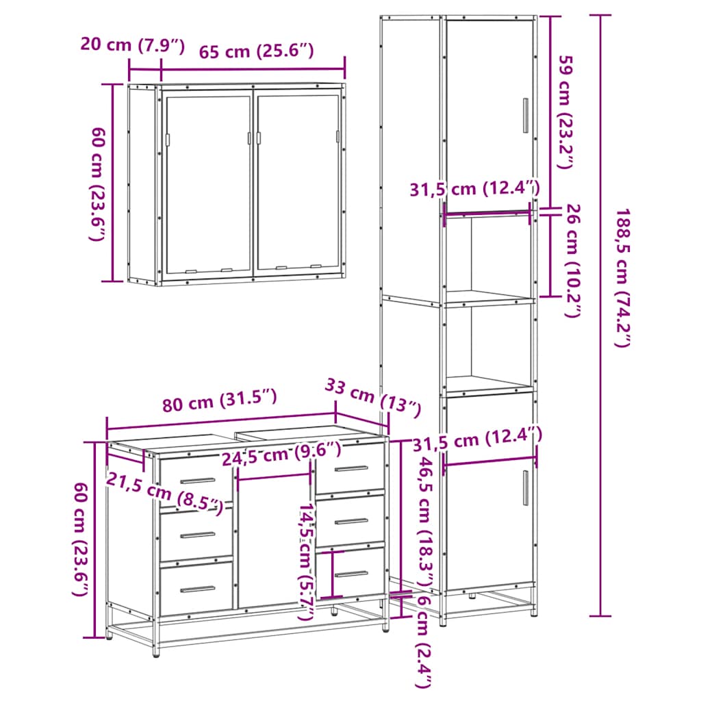3 pcs Conjunto móveis casa de banho madeira proc. cinza sonoma